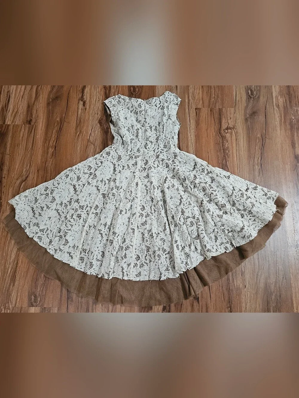 Mia Joy Girls Size 10 Ivory Lace Fit-and-Flare Dress with Brown & Gold Trim